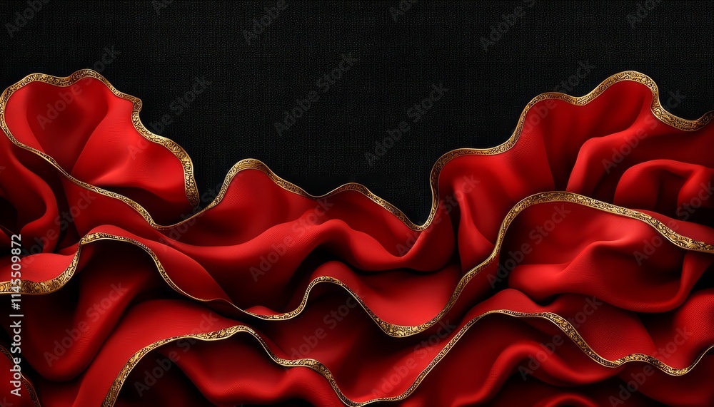 Fototapeta premium Red Fabric Draped with Gold Embroidered Trim