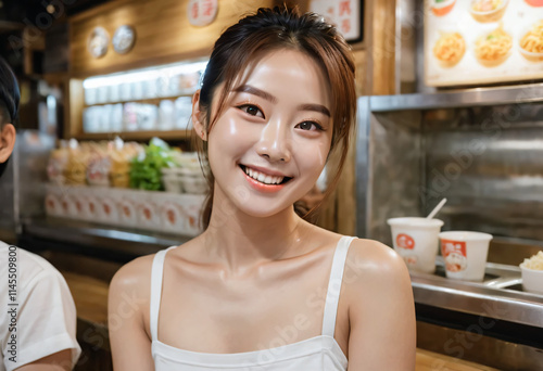 Cute korean girl in ramen shop