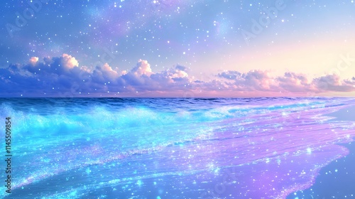 Magical ocean waves at sunset with sparkling stars and pastel colors.
