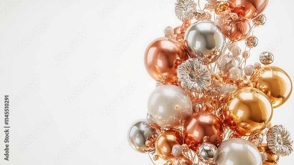 A bunch of shiny gold and silver balls are arranged in a tree shape A bunch of shiny gold and silver balls are arranged in a tree shape