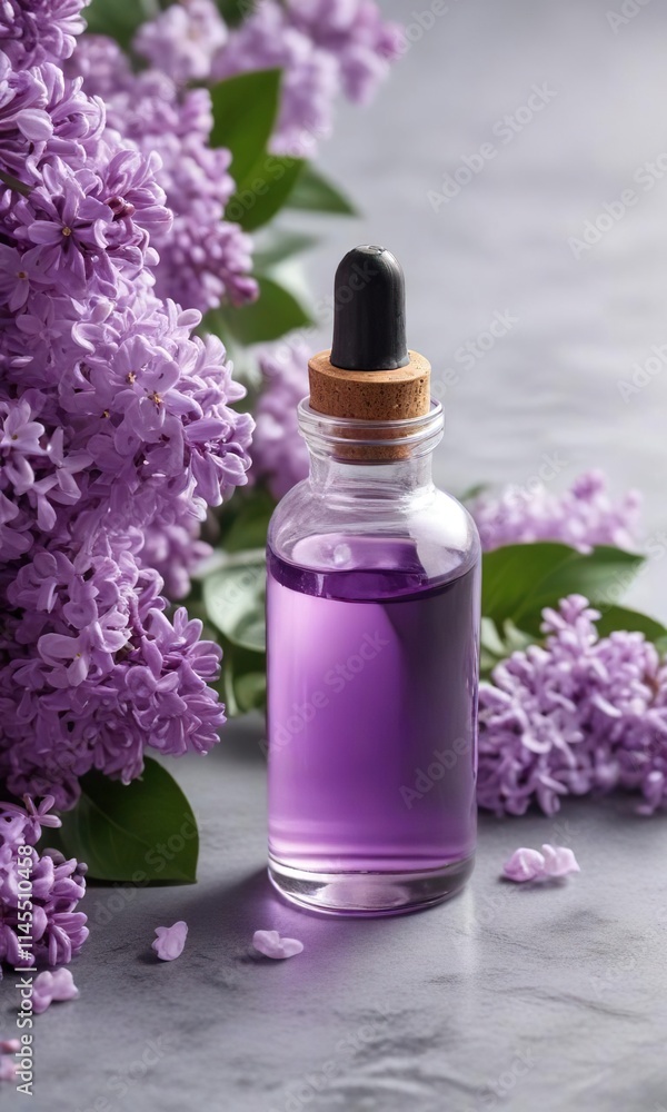 Dropper filled with lilac essential oil with fresh lilac flowers, therapy, organic extract, natural remedies Dropper filled with lilac essential oil with fresh lilac flowers, therapy, organic extract, natural remedies