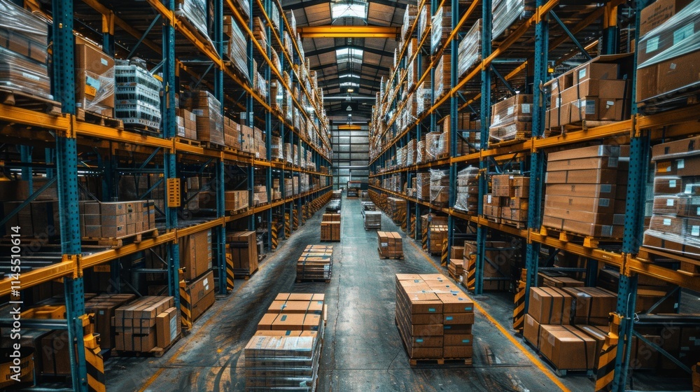 A warehouse with yellow and blue shelves stacked with boxes, AI generative. . A warehouse with yellow and blue shelves stacked with boxes, AI generative. .