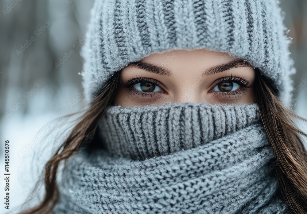 Portrait of a woman with beautiful brown eyes wrapped in a cozy grey scarf and hat, surrounded by a serene winter landscape covered in snowflakes Portrait of a woman with beautiful brown eyes wrapped in a cozy grey scarf and hat, surrounded by a serene winter landscape covered in snowflakes