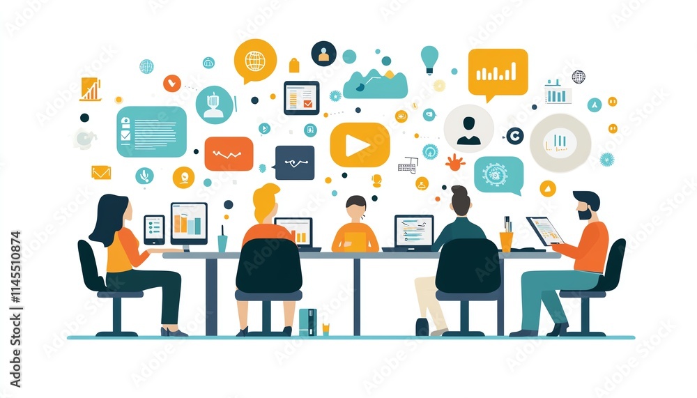 Group of business experts collaborating on digital strategy, with global network connections, data analysis, and social media marketing solutions in a hightech workspace Group of business experts collaborating on digital strategy, with global network connections, data analysis, and social media marketing solutions in a hightech workspace