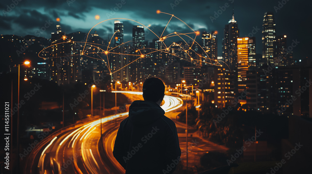 Smart digital Innovation city with connection network reciprocity over the cityscape. of future smart wireless city and social media networking systems that connects business people with in city Smart digital Innovation city with connection network reciprocity over the cityscape. of future smart wireless city and social media networking systems that connects business people with in city