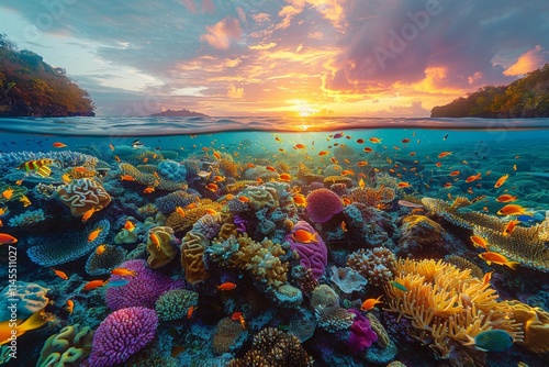 Vibrant coral reef with colorful fish under a tropical sunset sky. AI generative. . photo