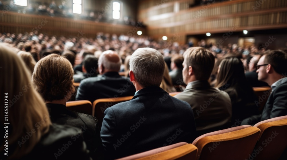 Back view of audience in a conference hall. AI generative. . Back view of audience in a conference hall. AI generative. .