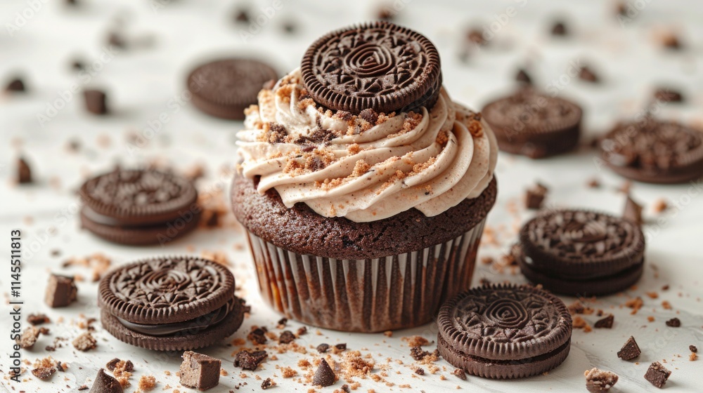 Chocolate cupcake with cookies and crumbs. AI generative. . Chocolate cupcake with cookies and crumbs. AI generative. .