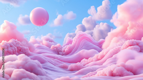 Dreamy pink clouds with floating sphere in serene sky