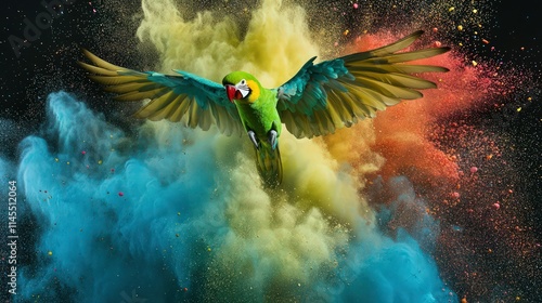 Flying Ara parrot over colourful powder explosion
