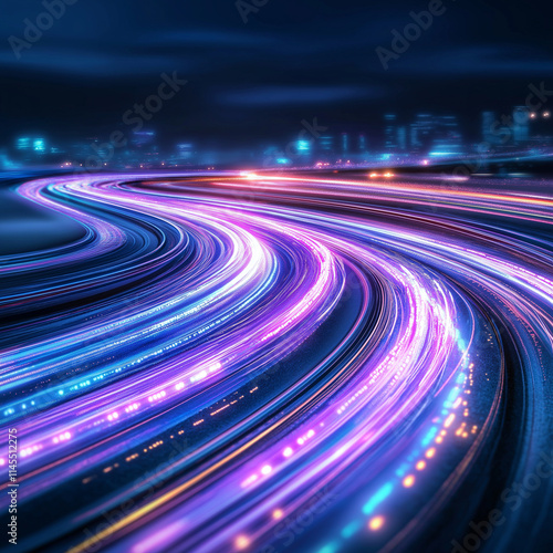 Vibrant light trails on highway at night create dynamic scene