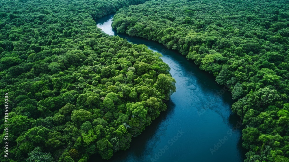 Aerial view of a river winding through a dense green forest. AI generative. . Aerial view of a river winding through a dense green forest. AI generative. .