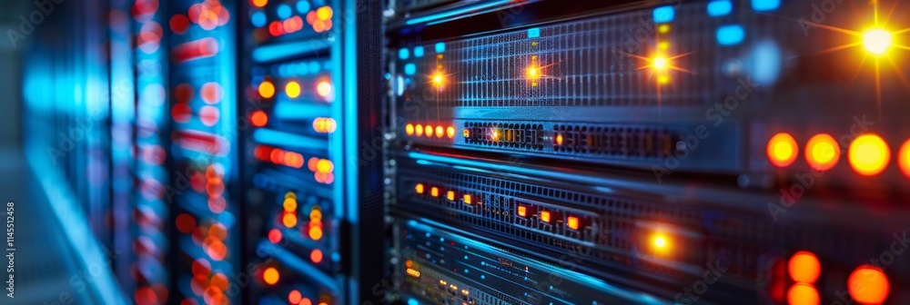 Close-up of server rack with glowing lights, creating a futuristic feel. AI generative. .