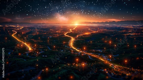 Nighttime aerial view of a city with glowing roads and stars in the sky. AI generative. .