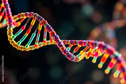 Abstract visualization of a colored DNA molecule structure representing genetic code with double helix pattern and molecular bonds.