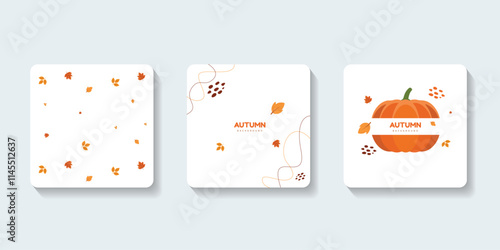 Set of autumn backgrounds for templates in brown tones. Social media frame with traced fall leaves and bell flower