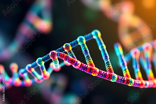 Abstract visualization of a colored DNA molecule structure representing genetic code with double helix pattern and molecular bonds.