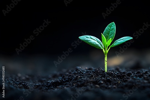 Green seedling growing in dark soil, symbolizing growth, new beginnings environmental sustainability