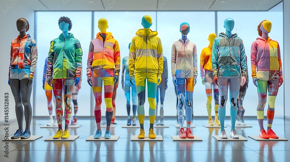 Obraz premium A group of mannequins wearing colorful clothing stand in a room