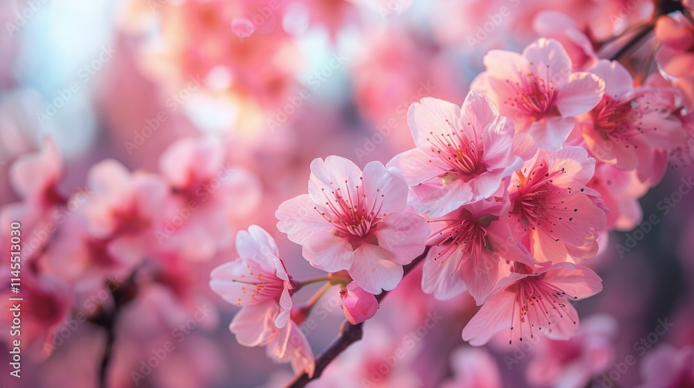 Obraz premium Close-up of delicate pink cherry blossoms with soft, blurred background. AI generative. .