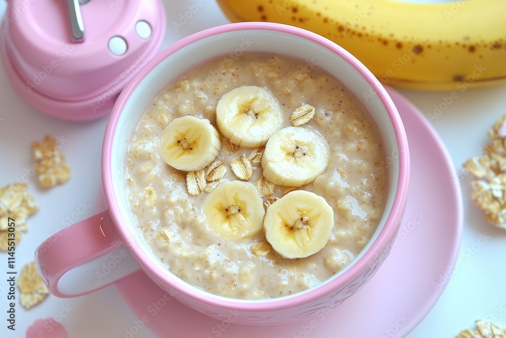 Creamy oatmeal topped with banana slices in a pink bowl. Perfect for a healthy and delicious breakfast or snack. Creamy oatmeal topped with banana slices in a pink bowl. Perfect for a healthy and delicious breakfast or snack.