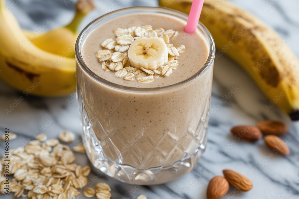 Creamy banana oat smoothie in glass. Perfect for healthy breakfast or snack, full of fiber and nutrients. Creamy banana oat smoothie in glass. Perfect for healthy breakfast or snack, full of fiber and nutrients.