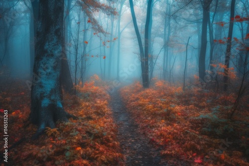 Misty forest path with tall trees and autumn leaves on the ground. AI generative. . photo