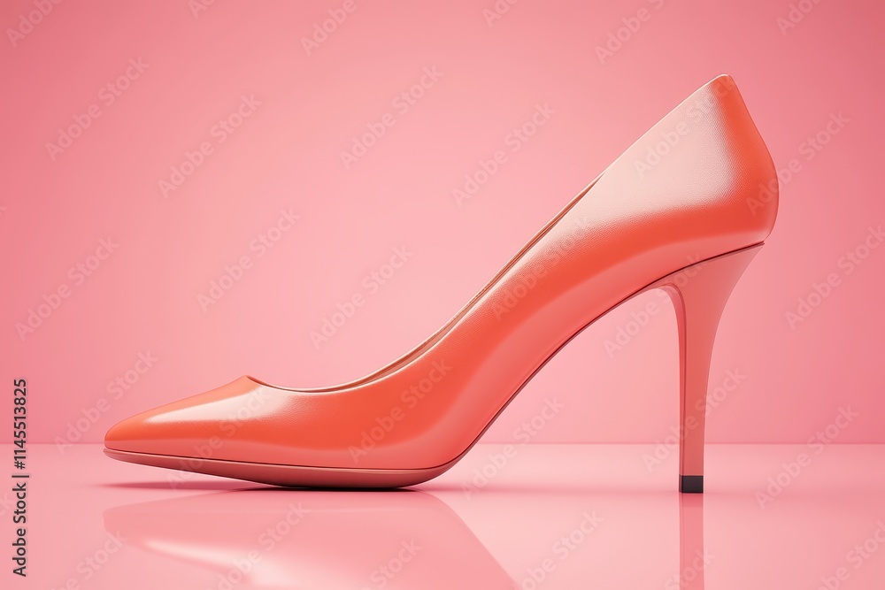 Obraz premium Coral high-heel pump on pink background. Ideal for fashion, beauty, and elegance themes.