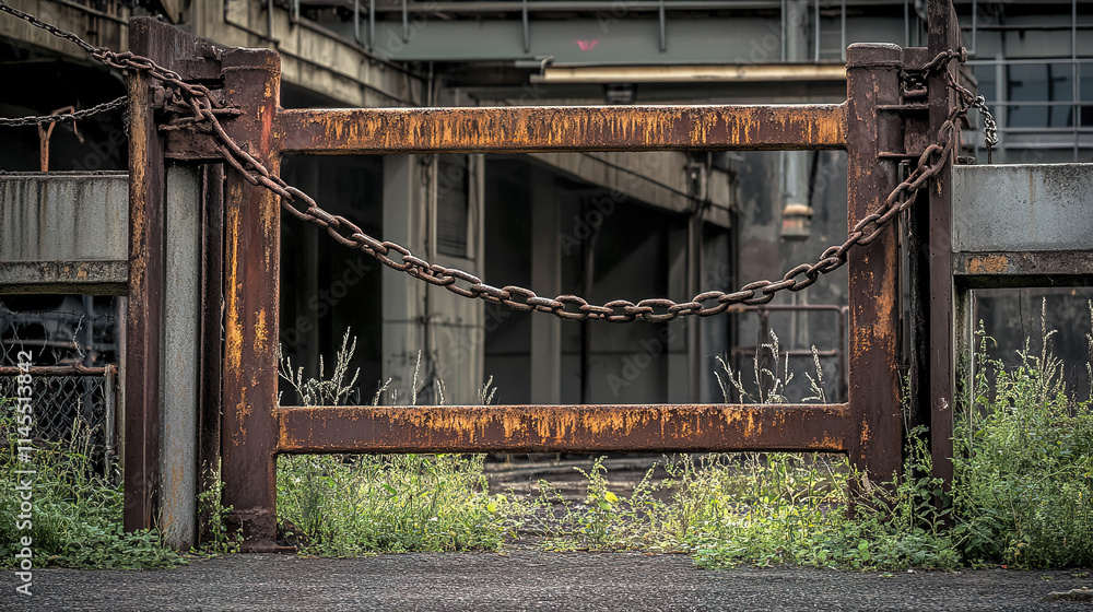 Closed factory gate with chain and padlock, symbolizing the end of an era and the transition to new beginnings. Industrial decline and the shift towards modernization and renewal. Closed factory gate with chain and padlock, symbolizing the end of an era and the transition to new beginnings. Industrial decline and the shift towards modernization and renewal.