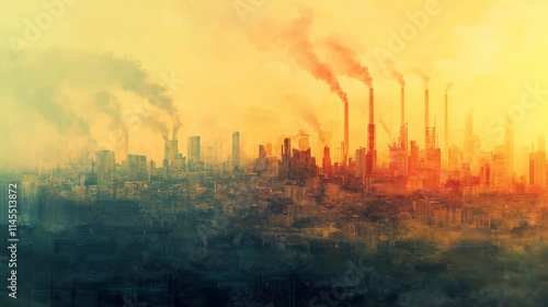 Air Pollution Strata. A collage showing layers of a city skyline, from clear skies above to thick smog and factory emissions below, symbolizing escalating air pollution. Air pollut