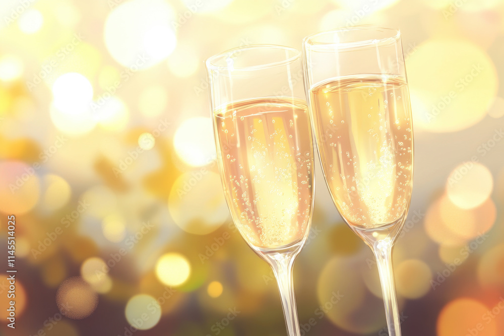 Two champagne glasses clinking together, surrounded by golden sparkles and bokeh lights, creating a festive and celebratory atmosphere Two champagne glasses clinking together, surrounded by golden sparkles and bokeh lights, creating a festive and celebratory atmosphere