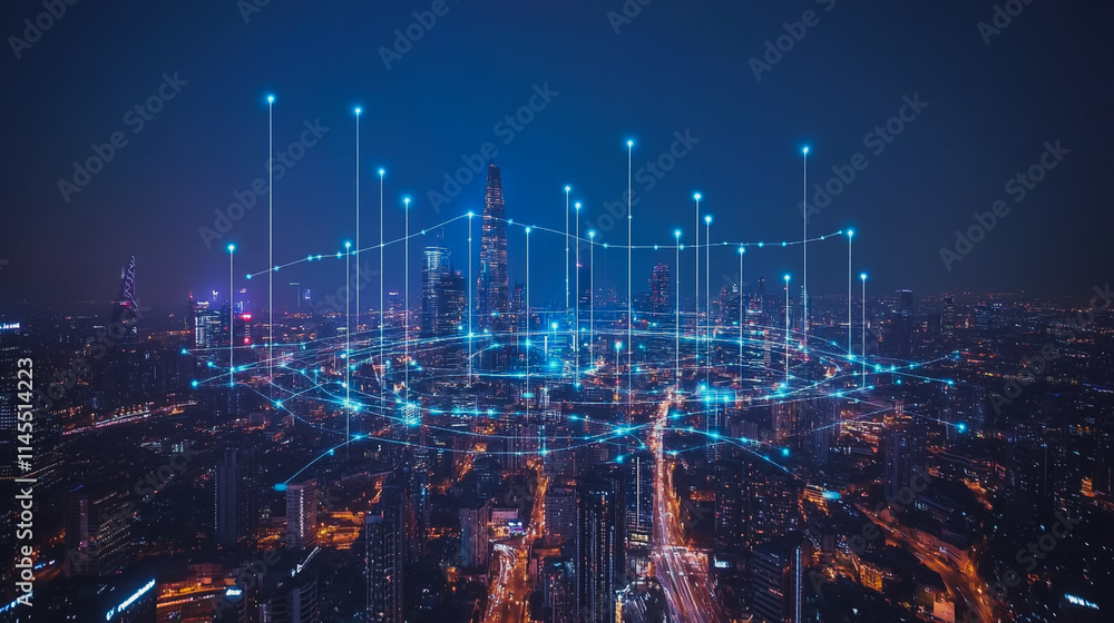 Fototapeta premium Smart digital Innovation city with connection network reciprocity over the cityscape. of future smart wireless city and social media networking systems that connects business people with in city