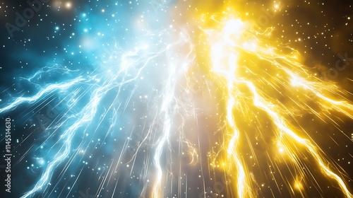 Abstract image of blue and gold lightning bolts clashing in a dark, starry sky.