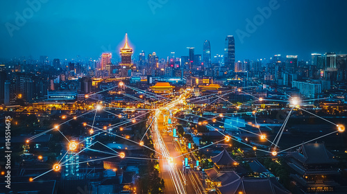 Wallpaper Mural Smart digital Innovation city with connection network reciprocity over the cityscape. of future smart wireless city and social media networking systems that connects business people with in city Torontodigital.ca