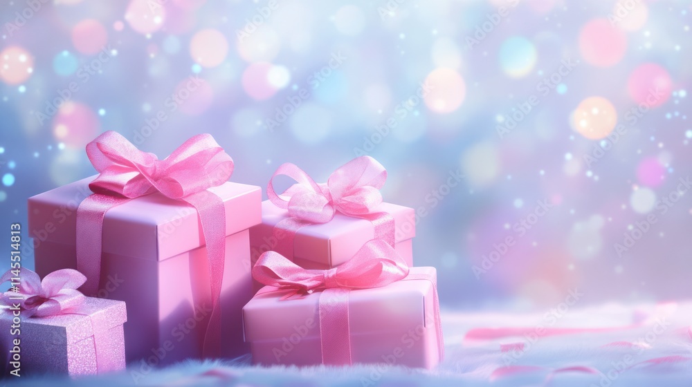 Festive Pink Presents on a Magical Winter Background Festive Pink Presents on a Magical Winter Background
