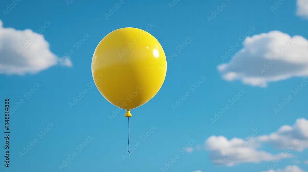 Obraz premium Yellow Balloon Floating Against a Bright Blue Sky with Clouds