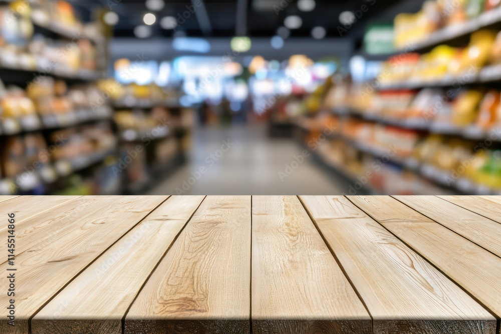 Wooden Table Top in Supermarket with Blurred Grocery Aisles Wooden Table Top in Supermarket with Blurred Grocery Aisles