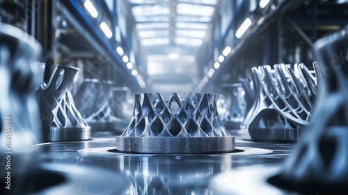 Fototapeta Naklejka Na Ścianę i Meble -  Large Scale 3D Printing Factory Interior with Metallic Objects