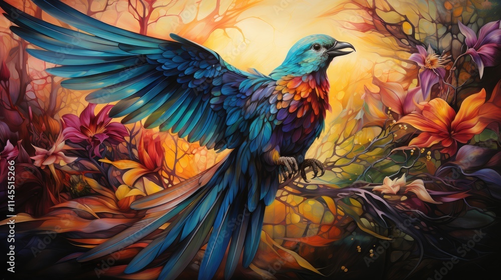 Fototapeta premium Vibrant bird in flight amongst vibrant flowers and foliage.