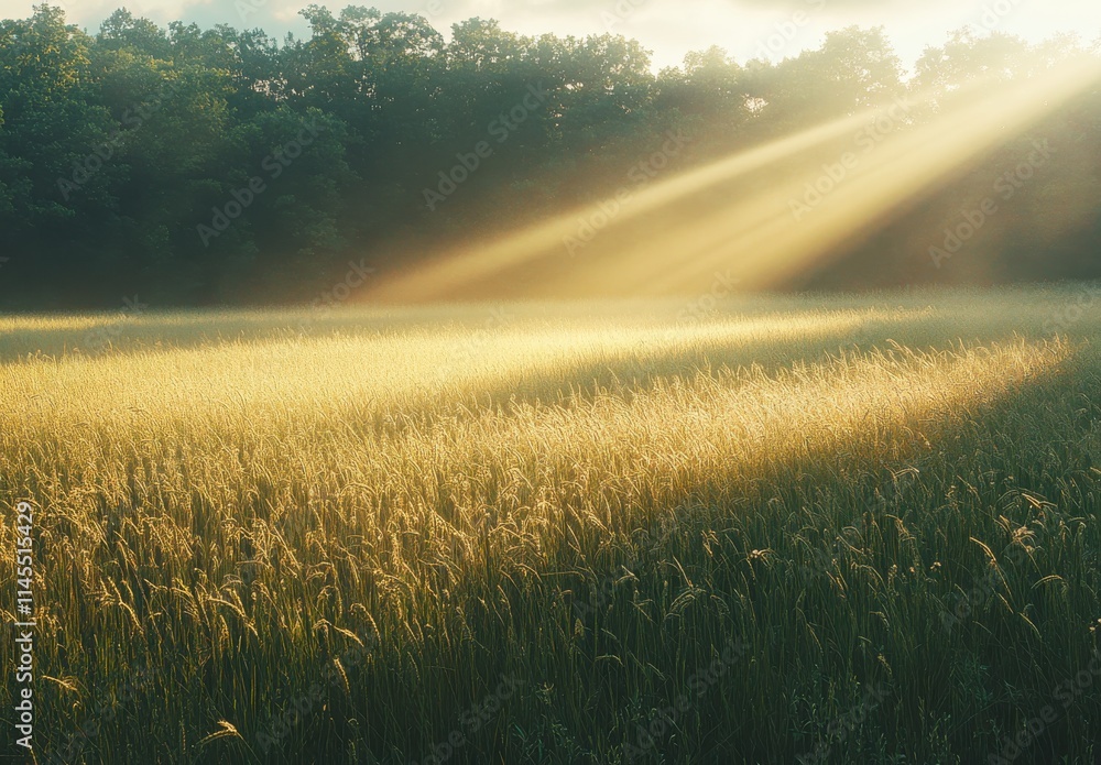 Serene Sunrise Over Golden Wheat Field with Sun Rays Breaking Through Forest Canopy Creating a Tranquil Natural Landscape in Early Morning Light Serene Sunrise Over Golden Wheat Field with Sun Rays Breaking Through Forest Canopy Creating a Tranquil Natural Landscape in Early Morning Light