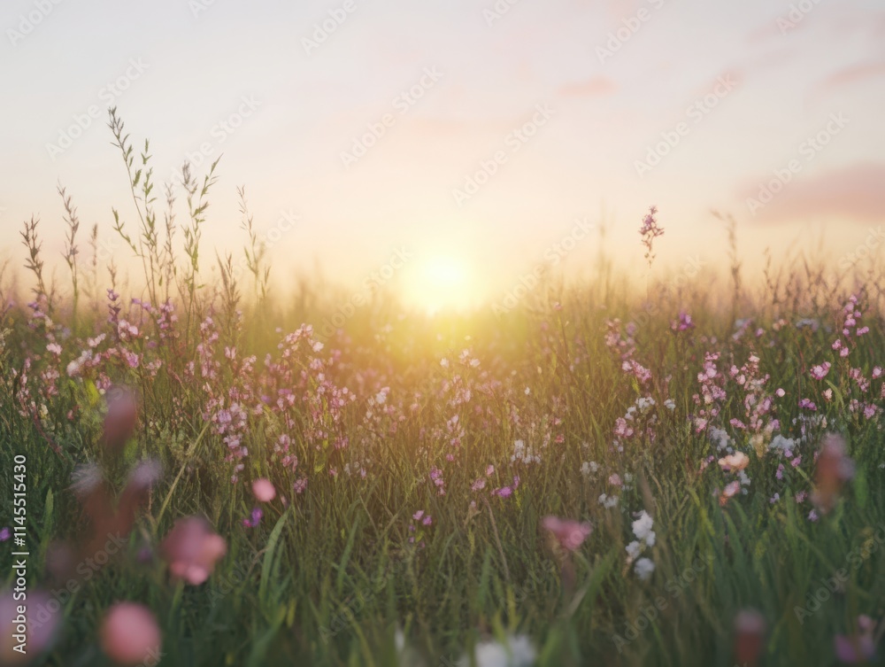 Fototapeta premium Serene Sunrise Over a Meadow Filled with Colorful Wildflowers Illuminated by Soft Morning Light and Gentle Breezes in Spring Nature