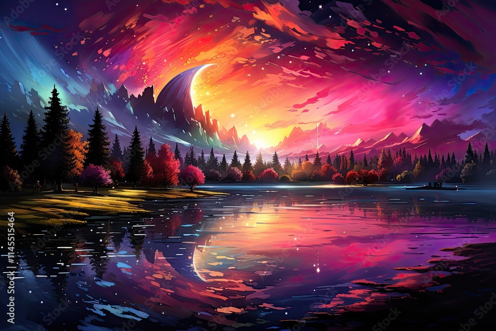Obraz premium Vibrant, colorful, digital painting of a serene lake reflecting a dramatic, colorful sunrise/sunset over a mountainous landscape with trees and a crescent moon.