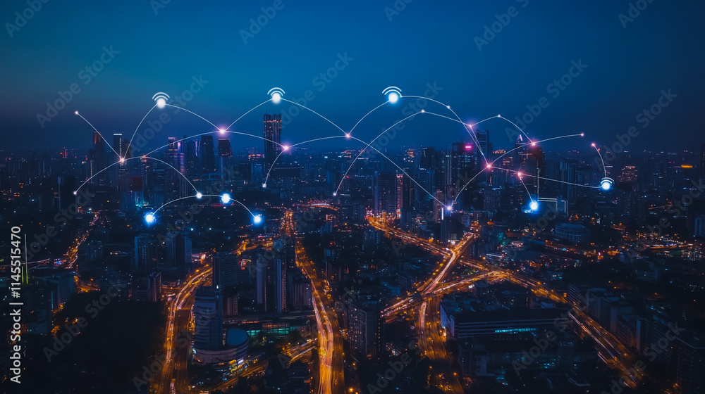 Fototapeta premium Smart digital Innovation city with connection network reciprocity over the cityscape. of future smart wireless city and social media networking systems that connects business people with in city