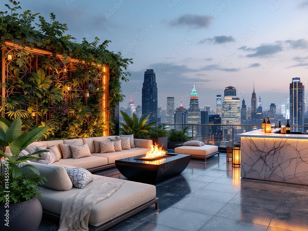 Fototapeta premium Luxurious Rooftop Terrace with City Skyline at Night