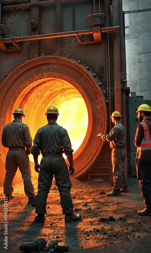 Group of factory workers in overalls and hard hats loading materials into a large furnace showcasing teamwork and safety photo