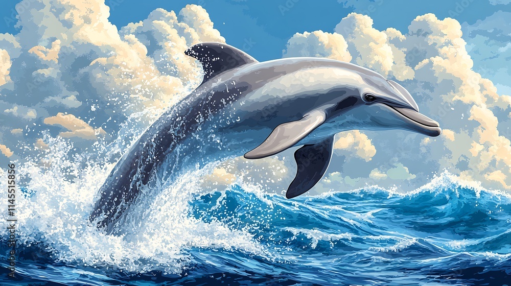 Obraz premium Playful vector illustration of a dolphin jumping out of the water ideal for marine and nature themes