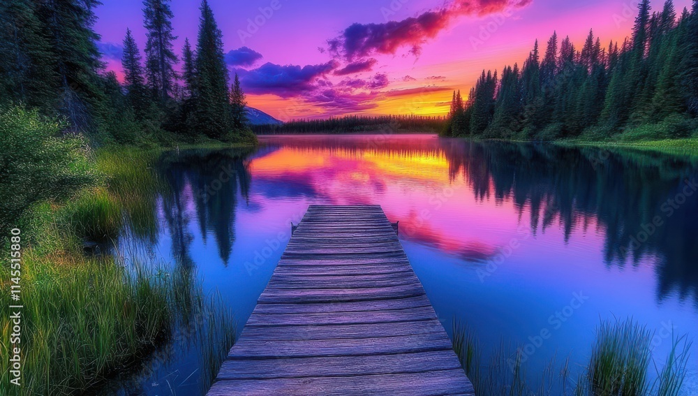 Serene Sunset Over Tranquil Lake with Wooden Pier, Vibrant Colors and Lush Greenery, Reflections in Water and Majestic Scenery in the Background Serene Sunset Over Tranquil Lake with Wooden Pier, Vibrant Colors and Lush Greenery, Reflections in Water and Majestic Scenery in the Background