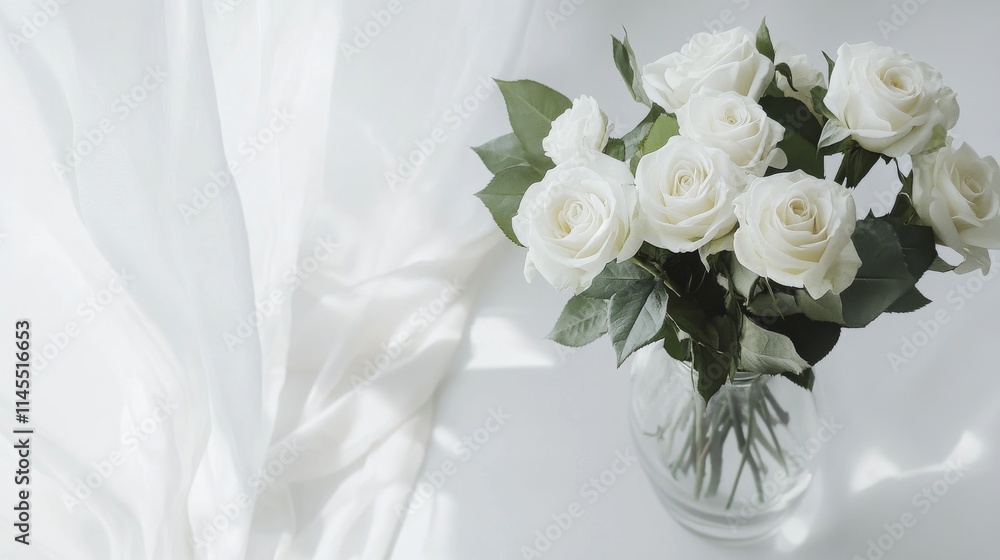 A bouquet of white roses in a modern glass vase on a minimalist white table, top-down shot, Contemporary elegance style A bouquet of white roses in a modern glass vase on a minimalist white table, top-down shot, Contemporary elegance style