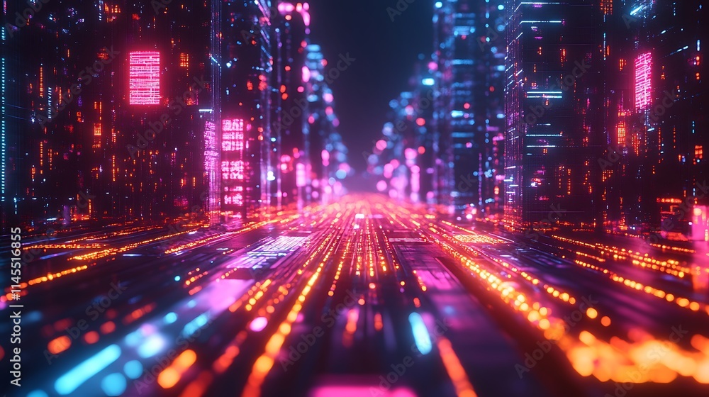 Obraz premium Futuristic Cityscape Neon Lights Glowing Digital Architecture