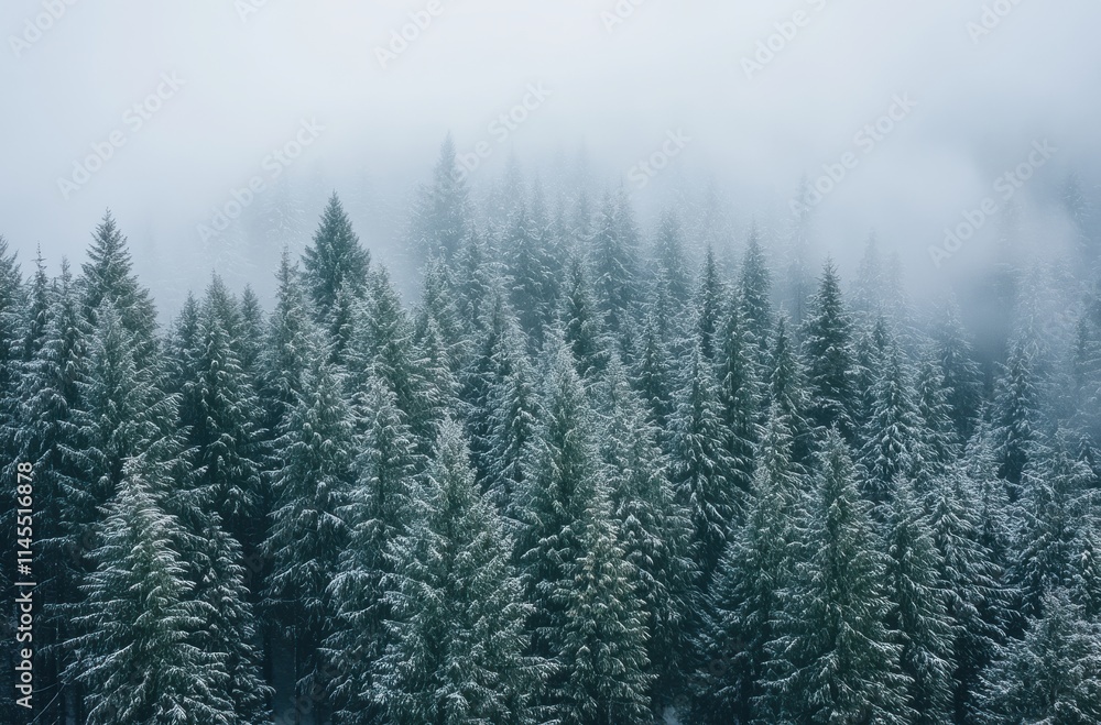 Serene Winter Landscape Featuring Tall Evergreen Trees Blanketed in Snow Under a Misty Cloud Cover in a Peaceful Forest Environment Serene Winter Landscape Featuring Tall Evergreen Trees Blanketed in Snow Under a Misty Cloud Cover in a Peaceful Forest Environment